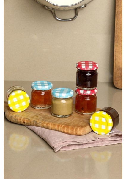 Luxury 6'lı 40 ml Yuvarlak Cam Kavanoz - Jelly - Ekose Kapaklı 1 Adet