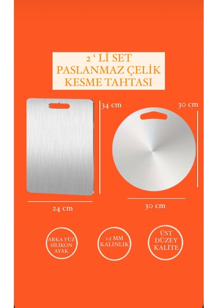 Luxury 2 Adet Paslanmaz Çelik Kesme Tahtası (30X30-24X34) Üst Düzey Kaliteli 1 Adet