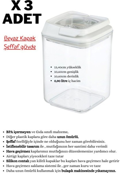 Luxury Saklama Kabı 900ML x 3 Adet Beyaz (Özel Kapak) , Erzak Kabı 1 Adet