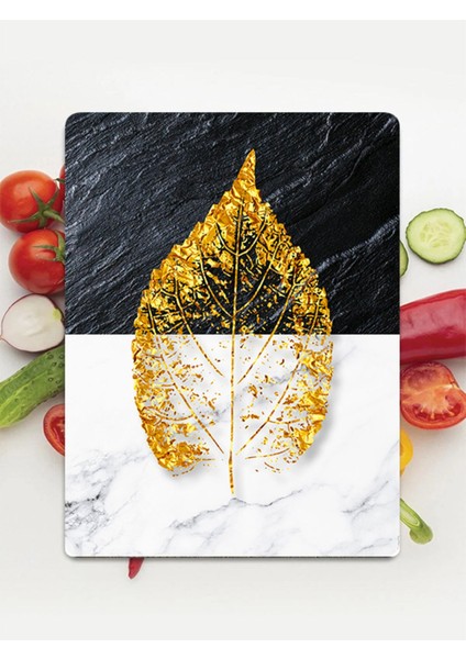 Luxury Cam Kesme Tahtası ve Sunum Tablası | Gold Yaprak Desenli | 20 cm x 30 cm 1 Adet