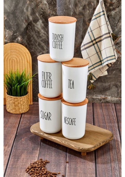 Luxury 5'li Ahşap Vakum Kapaklı Transfer Etiketli Coffe Grubu/tea/sugar Akrilik Kavanoz 900ML Saklama Kabı 1 Adet