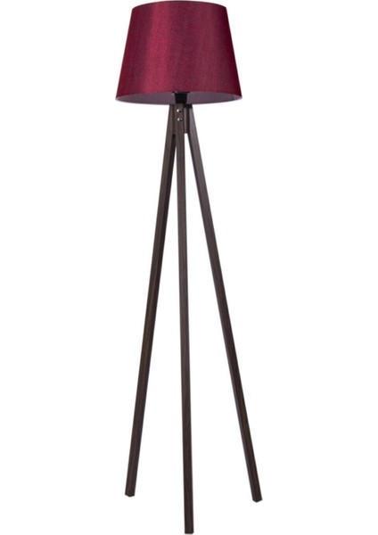 Üç Ayaklı Lambader Tripod Abajur 3 Ayaklı Ahşap Lamba Konik Kumaş Bordo Ceviz