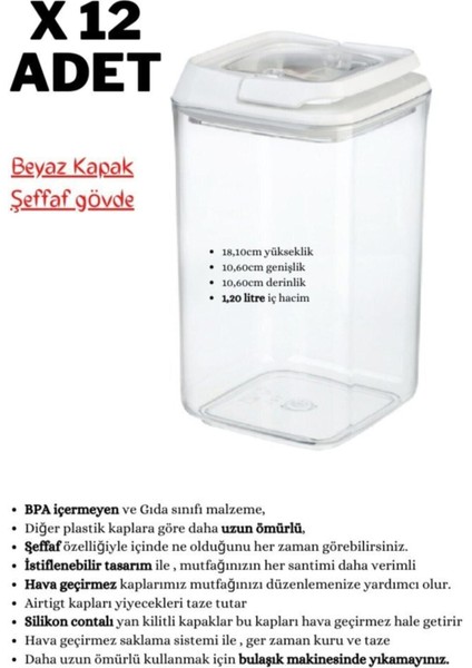 Luxury 12 Li Çok Kullanışlı Saklama Kabı 1200ML X12 Adet Beyaz (Özel Kapak) , Erzak Kabı 1 Adet