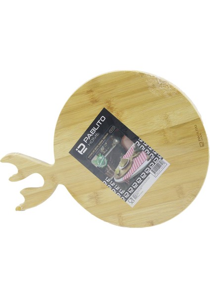 Yuvarlak Ahşap Bambu Kesim Panosu - Kesme Tahtası Geyik Boynuz Figür Saplı = 26CM