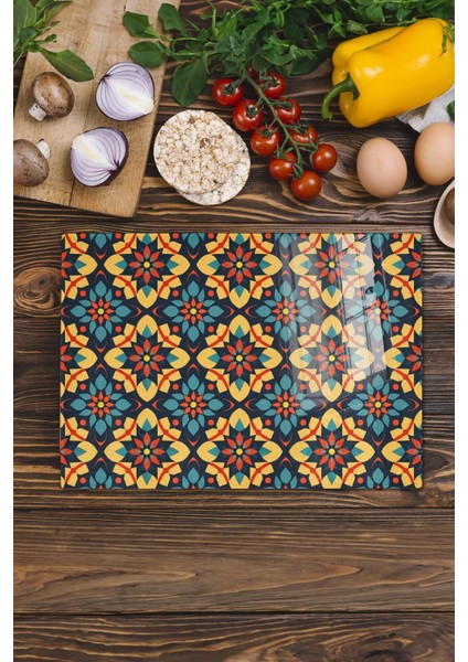 Luxury Cam Kesme Tahtası, Doğrama Tahtası, Etnik Boho Desen, Kalın ve Temperli Kırılmaz Cam, 21*30CM 1 Adet