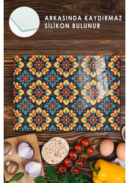 Luxury Cam Kesme Tahtası, Doğrama Tahtası, Etnik Boho Desen, Kalın ve Temperli Kırılmaz Cam, 21*30CM 1 Adet modelleri