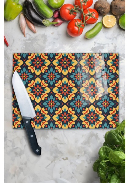 Luxury Cam Kesme Tahtası, Doğrama Tahtası, Etnik Boho Desen, Kalın ve Temperli Kırılmaz Cam, 21*30CM 1 Adet fırsatları
