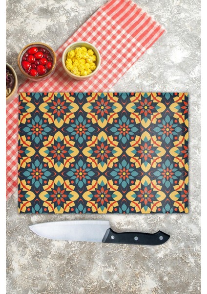 Luxury Cam Kesme Tahtası, Doğrama Tahtası, Etnik Boho Desen, Kalın ve Temperli Kırılmaz Cam, 21*30CM 1 Adet indirimleri