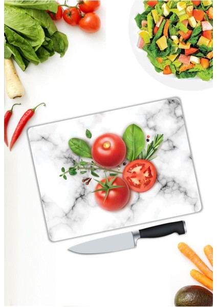 Luxury Beyaz Mermer Görünümlü Cam Kesme Tahtası 25 x 35 cm 1 Adet