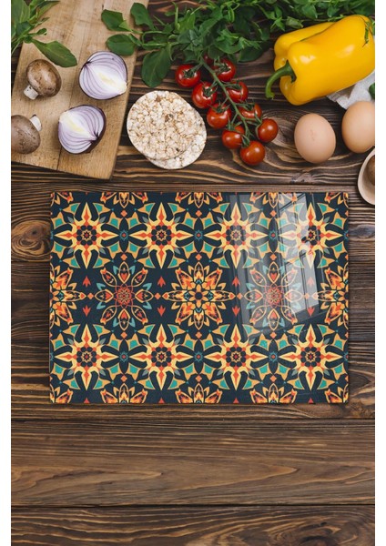 Luxury Cam Kesme Tahtası, Doğrama Tahtası, Etnik Boho Desen, Kalın ve Temperli Kırılmaz Cam, 21*30CM 1 Adet