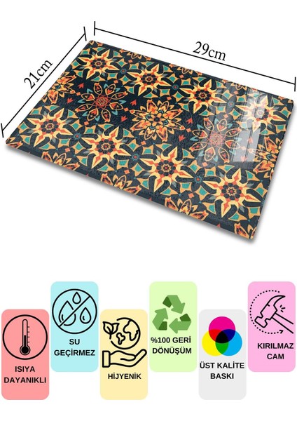 Luxury Cam Kesme Tahtası, Doğrama Tahtası, Etnik Boho Desen, Kalın ve Temperli Kırılmaz Cam, 21*30CM 1 Adet fiyatları