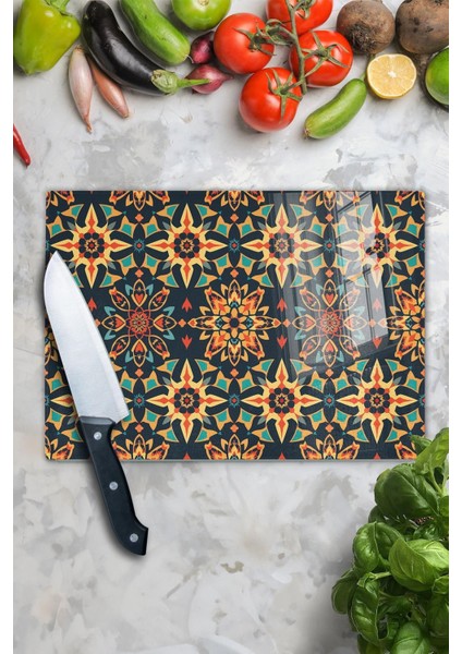 Luxury Cam Kesme Tahtası, Doğrama Tahtası, Etnik Boho Desen, Kalın ve Temperli Kırılmaz Cam, 21*30CM 1 Adet fırsatları