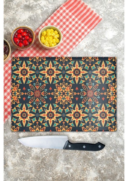 Luxury Cam Kesme Tahtası, Doğrama Tahtası, Etnik Boho Desen, Kalın ve Temperli Kırılmaz Cam, 21*30CM 1 Adet indirimleri