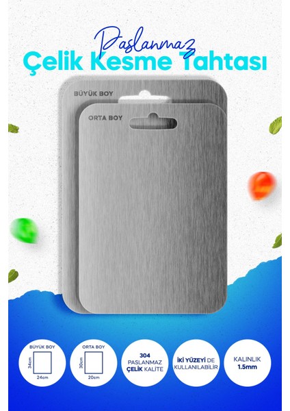 Luxury Paslanmaz Çelik Kesme Tahtası 2'li Set, Antibakteriyel 1 Adet