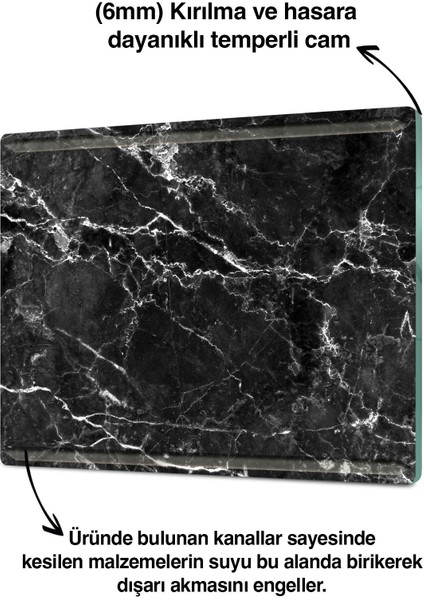 Luxury Kanallı Cam Kesme Tahtası - Cam Kesme Tablası 2 Kanallı | Siyah Mermer Desenli | 25CM x 35CM 1 Adet