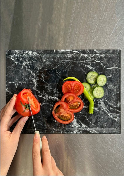 Luxury Kanallı Cam Kesme Tahtası - Cam Kesme Tablası 2 Kanallı | Siyah Mermer Desenli | 25CM x 35CM 1 Adet