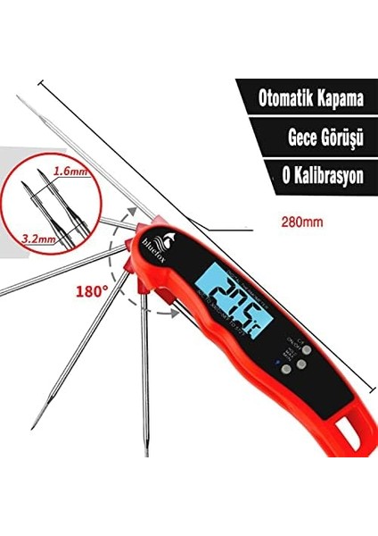Dijital Hızlı Okunan Mutfak Termometresi - Mıknatıslı, Katlanabilir, Arkadan Aydınlatmalı LCD Ekran, 240° Dönebilen Prob, -50°C~300°C Aralığı