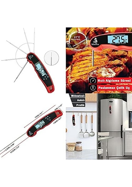 Dijital Hızlı Okunan Mutfak Termometresi - Mıknatıslı, Katlanabilir, Arkadan Aydınlatmalı LCD Ekran, 240° Dönebilen Prob, -50°C~300°C Aralığı