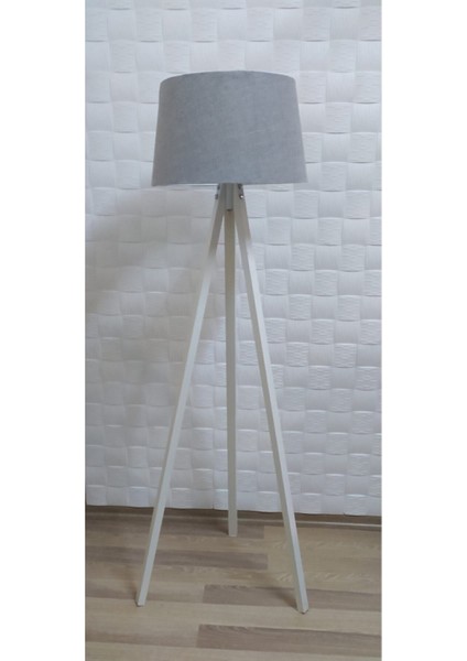 3 Ayaklı Ahşap Tripod Üç Ayaklı Lambader Beyaz Ayak Gri Başlık