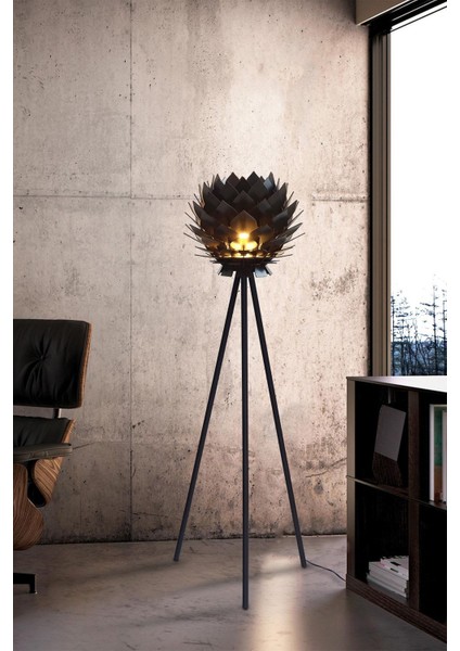 Lotus Metal Ayaklı Yerpuar Anahtarlı Ahşap Modern Tripod Üç Ayaklı Lambader Aydınlatma