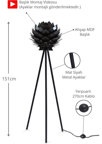 Lotus Metal Ayaklı Yerpuar Anahtarlı Ahşap Modern Tripod Üç Ayaklı Lambader Aydınlatma