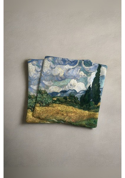 2 Adet Van Gogh Selvi Ağaçlı Buğday Tarlası Temalı Çift Taraf Dijital Baskılı Fermuarlı 2’li Kırlent Kılıfı