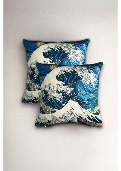 2 Adet Van Gogh Kanagawa Temalı Çift Taraf Dijital Baskılı Fermuarlı 2’li Kırlent Kılıfı