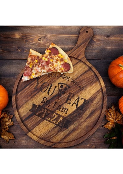 Luxury Pizza Sunum ve Kesme Tahtası,iroko Ağacından , Ahşap Saplı,lazer Kazıma Detaylı Büyük BOY:47CM 1 Adet
