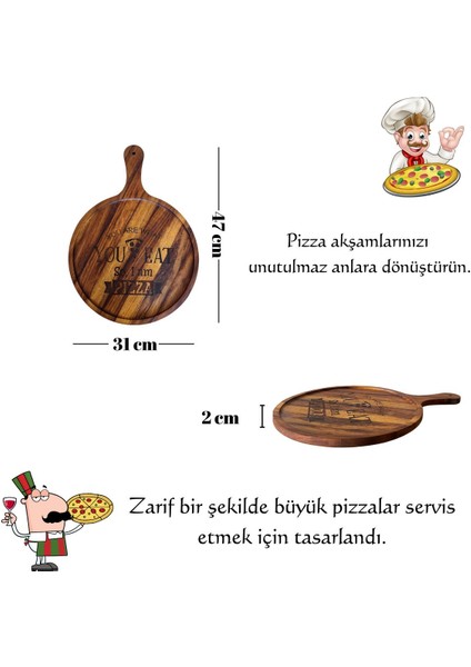 Luxury Pizza Sunum ve Kesme Tahtası,iroko Ağacından , Ahşap Saplı,lazer Kazıma Detaylı Büyük BOY:47CM 1 Adet modelleri