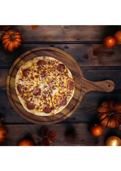 Luxury Pizza Sunum ve Kesme Tahtası,iroko Ağacından , Ahşap Saplı,lazer Kazıma Detaylı Büyük BOY:47CM 1 Adet fırsatları