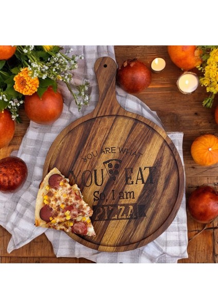 Luxury Pizza Sunum ve Kesme Tahtası,iroko Ağacından , Ahşap Saplı,lazer Kazıma Detaylı Büyük BOY:47CM 1 Adet indirimleri