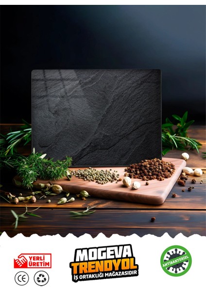 Luxury Antibakteriyel Cam Kesme ve Sunum Tablası | Siyah Kaya Görünümlü | 20CM x 30CM 1 Adet