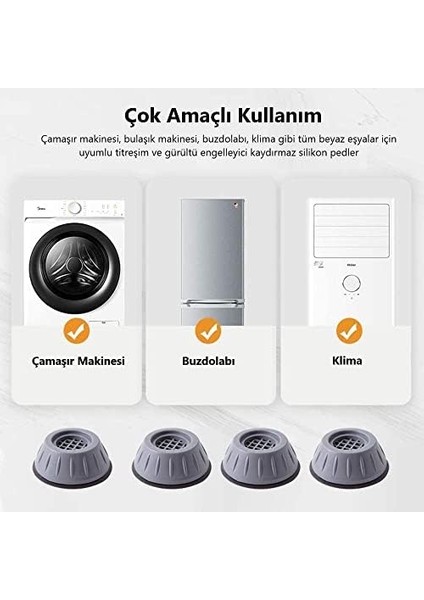 Gürültü Engelleyici ve Kaymaz Titreşim Önleyici Kauçuk Ayak Pedleri Çamaşır Makinesi Stoper 4'lü Set, Gri fiyatları