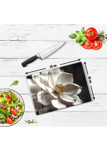 Luxury Cam Kesme Tahtası ve Sunum Tablası | Beyaz Büyük Çiçek | 1 Adet modelleri