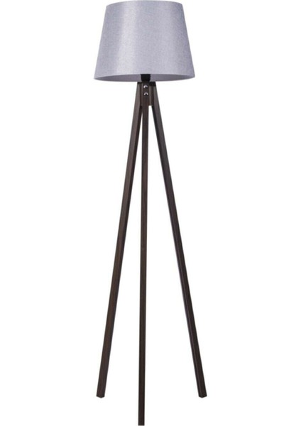 Ahşap Lambader 3 Ayaklı Tripod Abajur Kumaş Lambader Başlık Gri Kahverengi Ayak L340