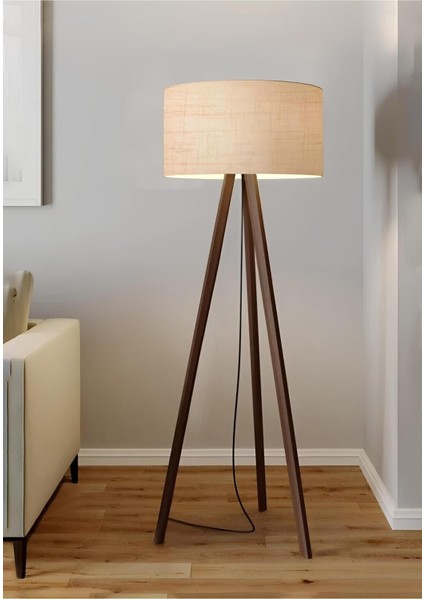 Çöl Beji Yuvarlak Kumaş Silindir Başlık Ahşap Üç Ayaklı Lambader AYD-2581