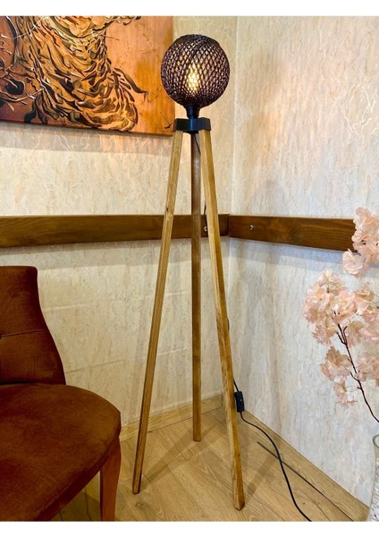 Doğal Ağaç Tripod Lambader Siyah Inci Serisi Ahşap Köşe Aydınlatma