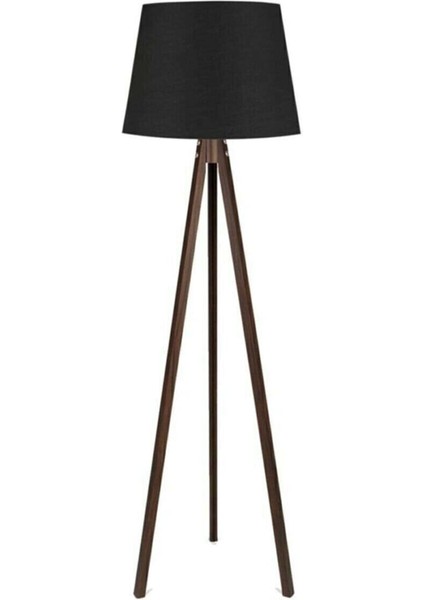 Kumaş Lambader 3 Ayaklı Ahşap Abajur Tripod Ayak Konik Başlık Siyah Kahverengi L349