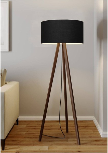 Siyah Yuvarlak Kumaş Silindir Başlık Ahşap Üç Ayaklı Lambader AYD-2937