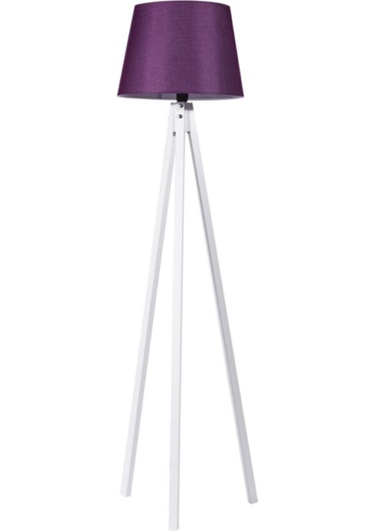 3 Ayaklı Lambader Tripod Köşe Lambası Ahşap Abajur Mürdüm Beyaz