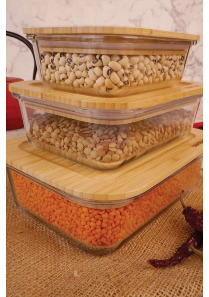 Luxury Safe - Dikdörtgen Cam Saklama Kabı 3 Lü (650-1000-1500 Ml) 1 Adet