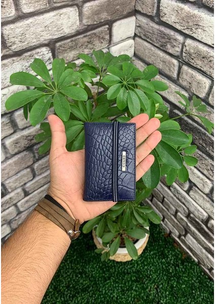 Hakiki Deri Lacivert Kroko Desenli Lastikli Spor Kartlık (T1053)
