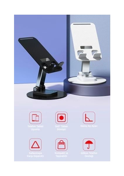 Alüminyum Tablet ve Telefon Standı, 360 Derece Ayarlanabilir Dönme Özelliği, Çok Amaçlı Masaüstü Dock Tutucu (Siyah)