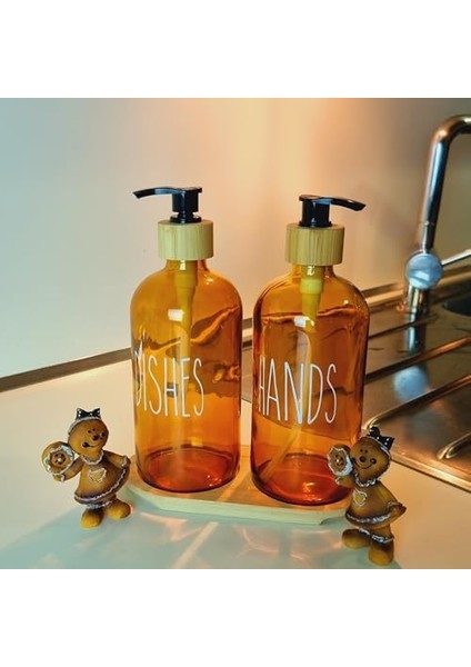 500ML Amber Cam Sıvı Sabunluk Seti, Bulaşık ve El Sabunu Için, Bambu Tepsili fiyatları