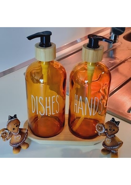 500ML Amber Cam Sıvı Sabunluk Seti, Bulaşık ve El Sabunu Için, Bambu Tepsili modelleri