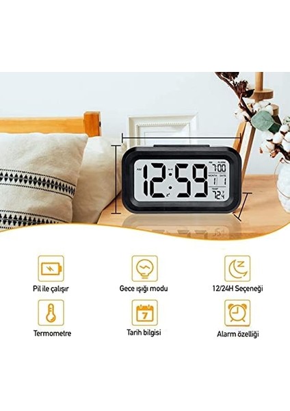 Dekoratif Işıklı Çalar Saat Alarmlı Termometreli Sıcaklık Gösteren Dijital Saat Tarih Gösteren Başucu Saati Masa Saati (3xaaa) Pilli Çalar Saat Akıllı Gece Işıklı Çalar Saat (Siyah)