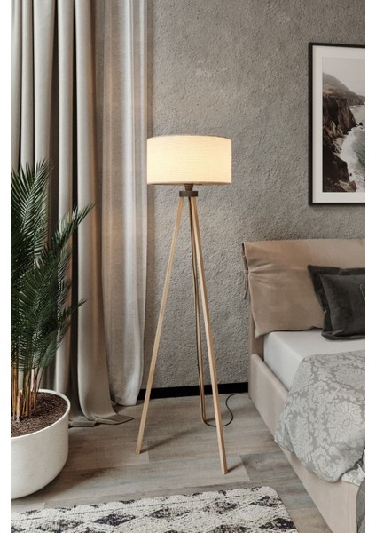 Bej Başlı Kahverengi Ayak Yuvarlak Tripod Lambader