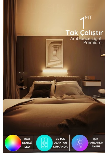 Renkli LED Lambader Yapışkanlı 1 Metre Her Alana Uygun Uzaktan Kumandalı Wpembe Modlu