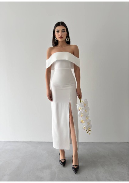 Madonna Yaka Yırtmaçlı Uzun Slim Elbise fiyatları