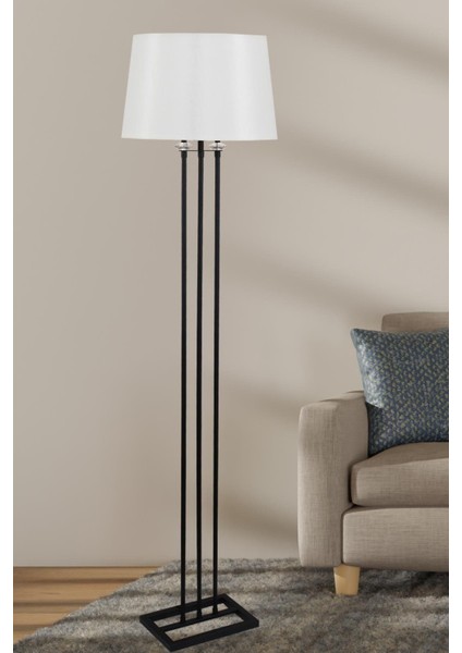 Lona Siyah Taşlı Lambader Krem Konik Şapka Oturma Odası Salon Lambader